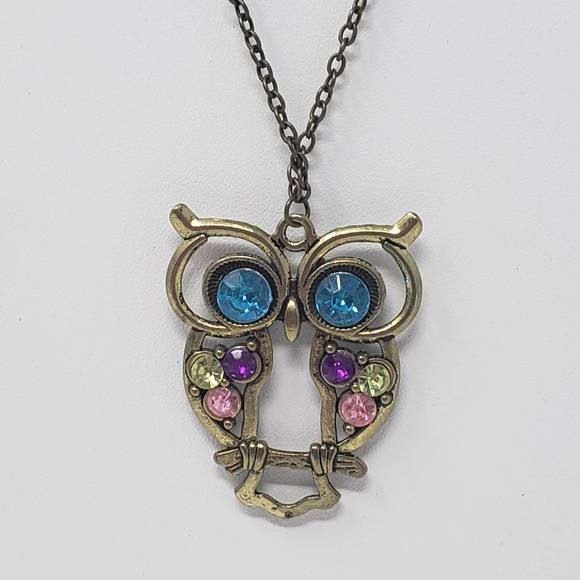 Owl Bird Rhinestone Pendant Long Necklace - Picture 1 of 4